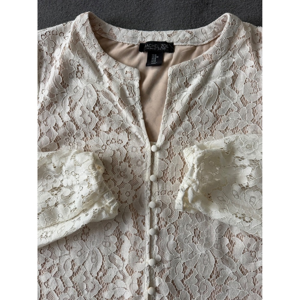 Rachel Zoe Ivory Floral Lace Button Front Blouse Eyelash Trim Top Sz M - EUC